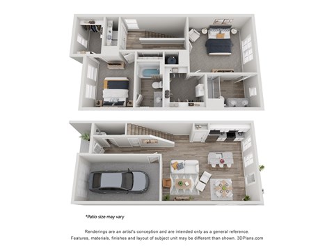 a stylized 3d floor plan of a house with a bedroom and living room